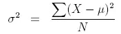 Equation for variance equals the sum of X values minus the average of X values squared divided by the number of values N